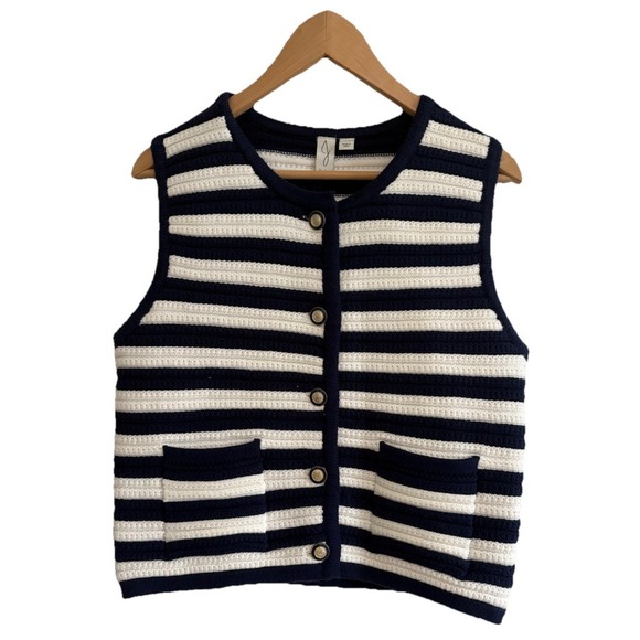 Joie Sweaters - Joie Costal Grandma-core Sweater Vest Navy White Chic Gold Button textured Knit